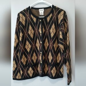 Liz Baker Button Down Cardigan Pockets Argyle Women Large Office Wear Grannycore